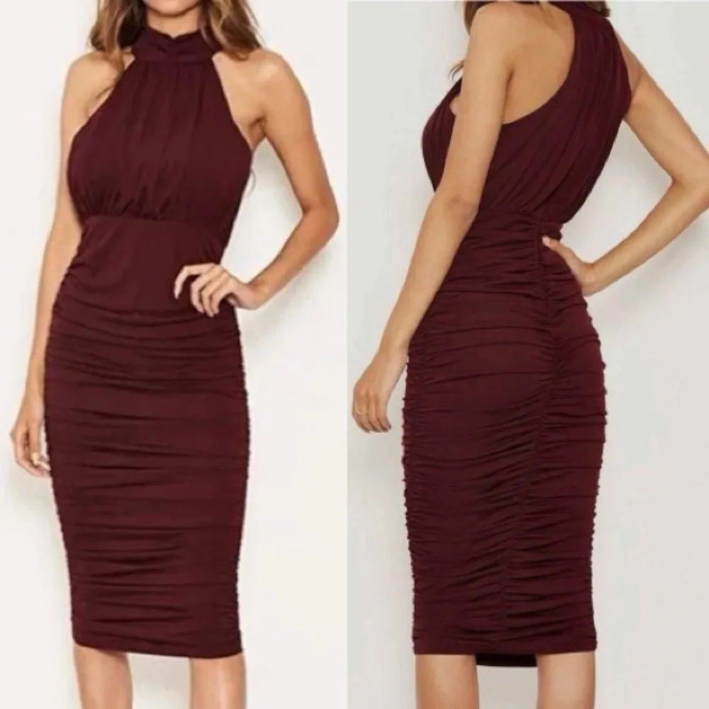Armani Exchange Plum Burgundy Ruched Halter Midi Dress NWT Size 14 - Picture 1 of 13